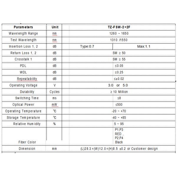 Переключатель MFSW-2x2F 1260-1650nm 500mW 2×2 однорежимный оптически