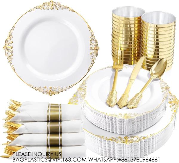 Gold Disposable Plates For 100 Guests, Plastic Plates For Party, Dinnerware Set Of Dinner Plates, Salad Plates