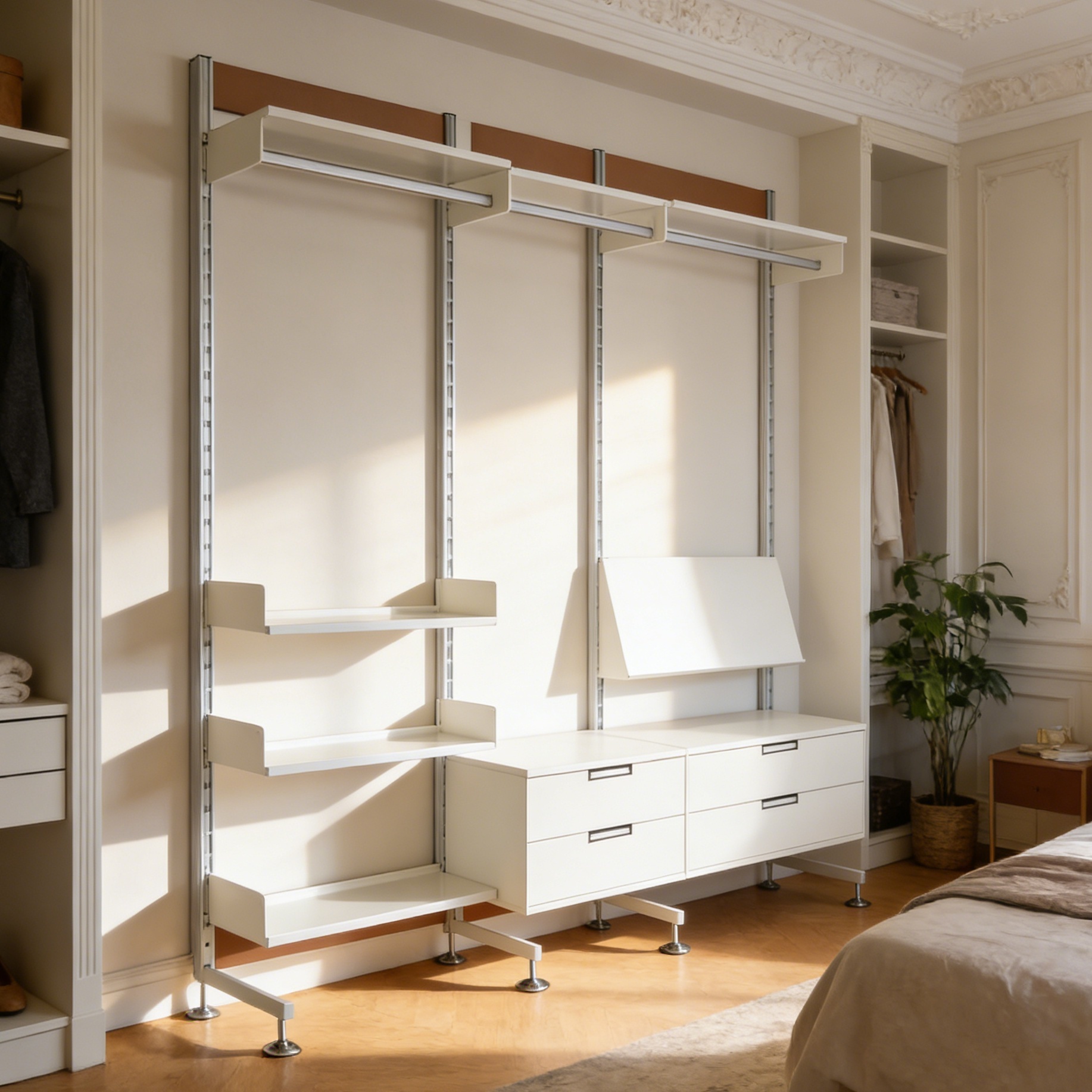 Nordic Minimalist Standing Type White Steel Modular Shelving Unit with Drawer for Bedroom