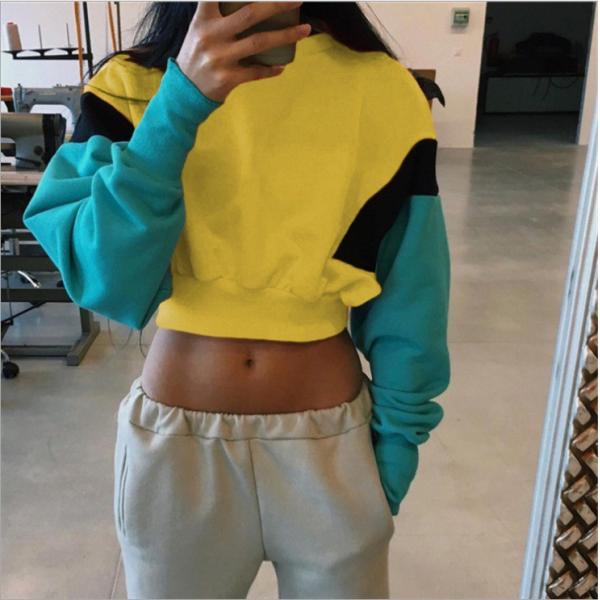 Sports Stitching Fleece Anti Pilling Women Crop Hoodie Sweatshirt