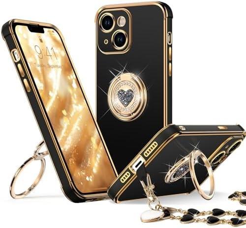 iPhone 12 Pro Max Case with Stand, Phone Case with Double Ring Kickstand, Women Girls Bling Luxury Protective Case Hear