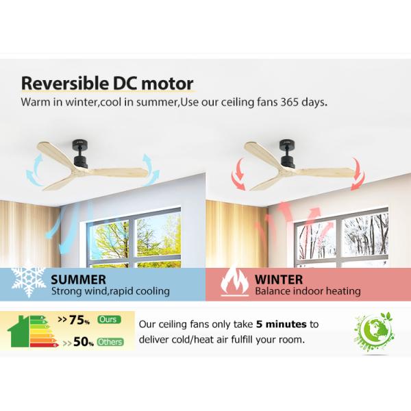 Ventilador de teto de motor de corrente contínua de economia de energia com lâminas de madeira natural e controle remoto inteligente