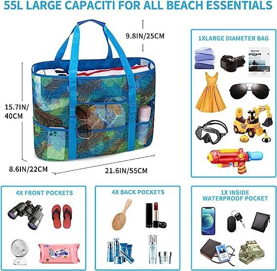 Mesh Beach Bag, Extra Large Beach Bags with 9 Pockets & Zipper Waterproof Lightweight Beach Tote for Beach/Pool Trip