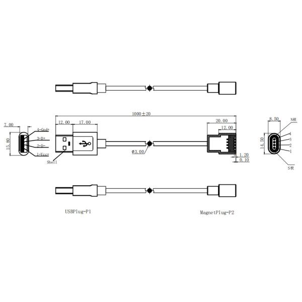 USB 2.0 male female 4pin pogo pin power charger magnetic cable connector