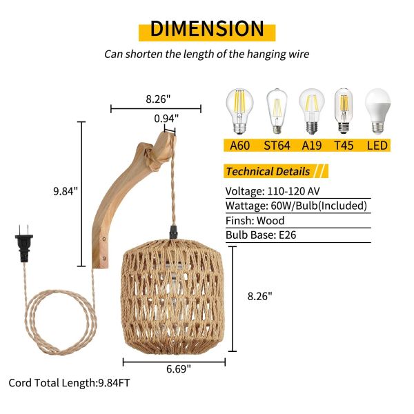 Natural Rattan Wicker Hand-Woven  Bamboo Lantern Wall Lamp with plug  (WH-VR-136)