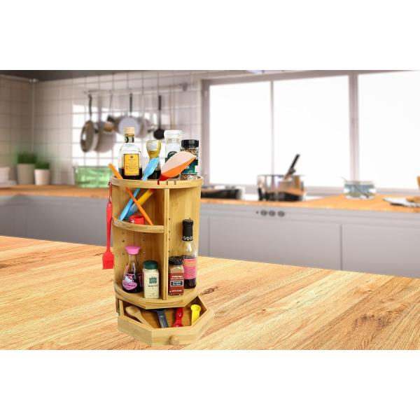 202407 Adjustable Shelves and Drawer Bamboo Rotating Makeup Organizer Household Items