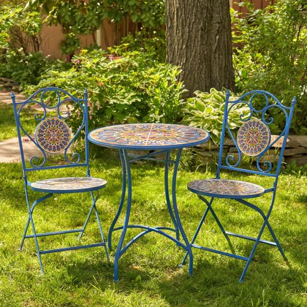 Iron Crafts Mosaic Bistro Set 3pcs Balcony Set with Foldable Table and Chair by AJUNION