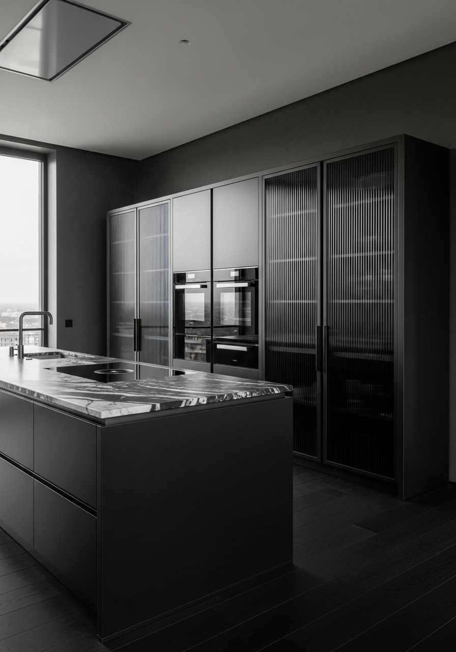 Stainless Steel Kitchen Cabinets Dark Glass Tailored Luxury Island System
