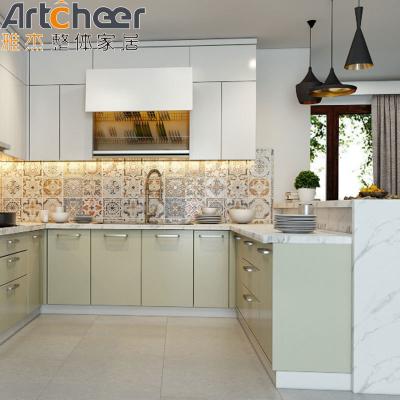 Green Color Quartz Stone Top U Shape Kitchen Cabinet for Modern Stylish Kitchen Design