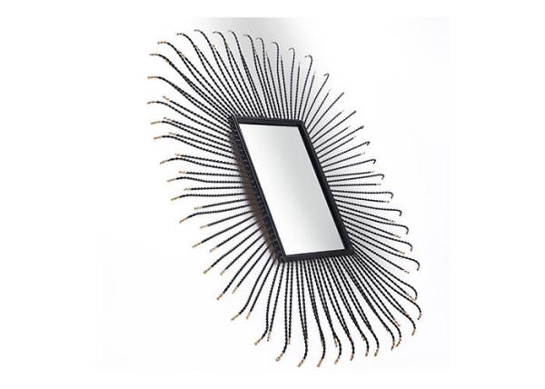 Metal Square Sunburst Wall Mirror Black Frame Dotted With Gold Color For Wall Decoration