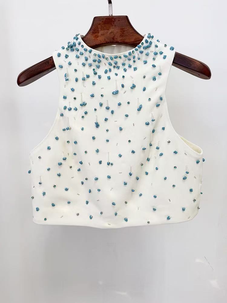 Elegant Women's Beaded Crop Top & Midi Skirt Set with Hand-Applied Bead Decoration and High-Waisted Design