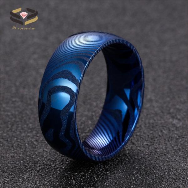 Mariage à la main audacieuse Damas Anneau homme en acier 8 mm bleu type religieux en bois en forme de dôme