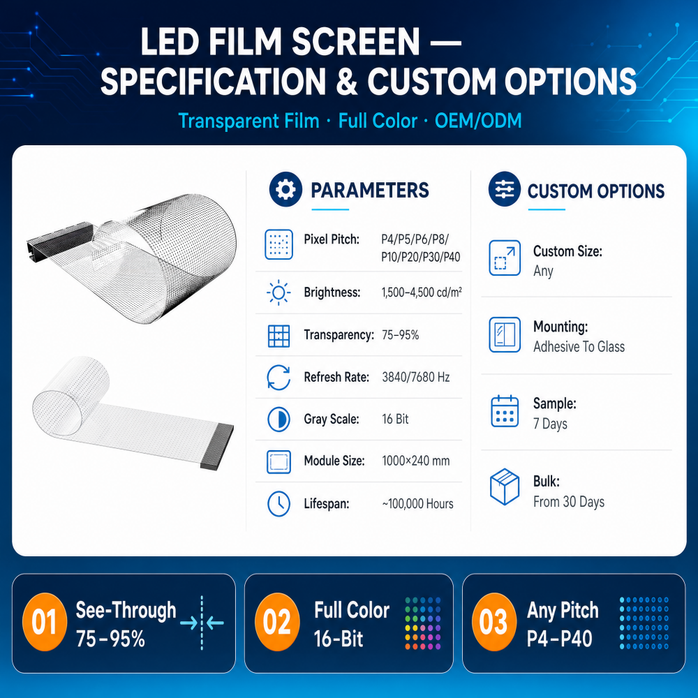 P10 Flexible Transparent LED Film Screen, 90% Transparency Self-Adhesive Display for Mall Glass Window