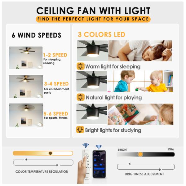 Ventilador de teto decorativo com comando remoto de 6 velocidades e motor de 10 anos