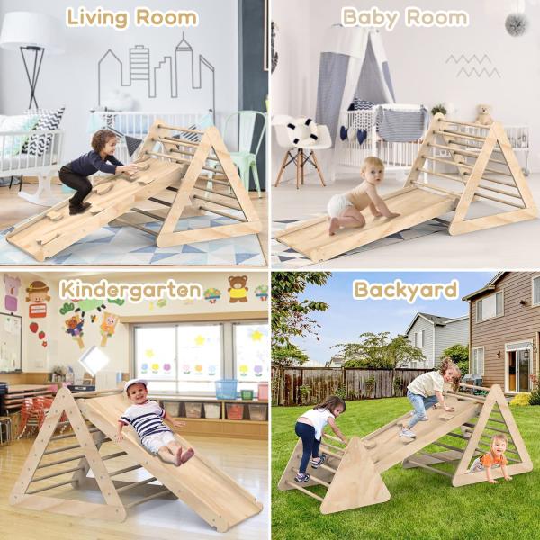 Unisex Wooden Climbing Triangle Ladder With Ramp and Stained Finish for Toddlers