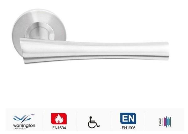 Satin brushed stainless steel door handle with round backplate