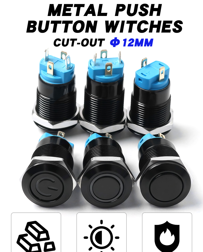 12mm Metal Push Button Switch Momentary 1NO Oxidized Black Shell With High/Flat Head  Power LED 6V 24V 220V Switch