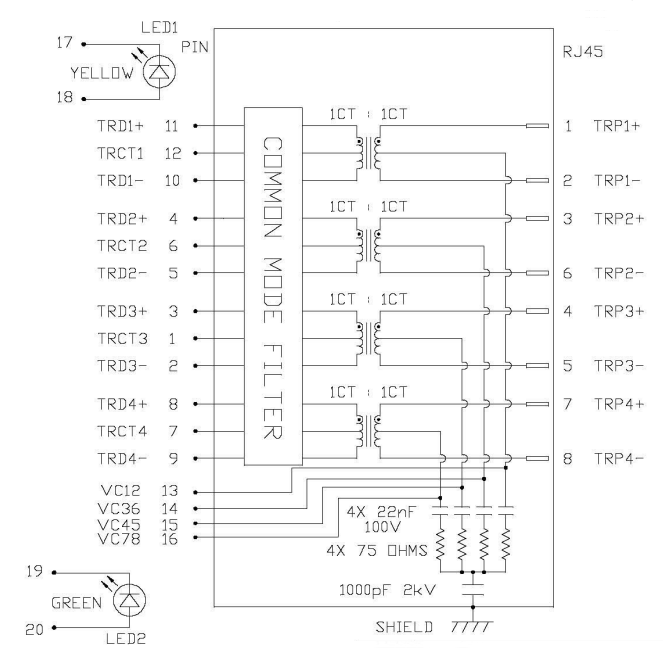 V8BR-1AX1-GH RJ45 Вертикальный подключатель поддержка 60W 4PPoE Bel Magnetics