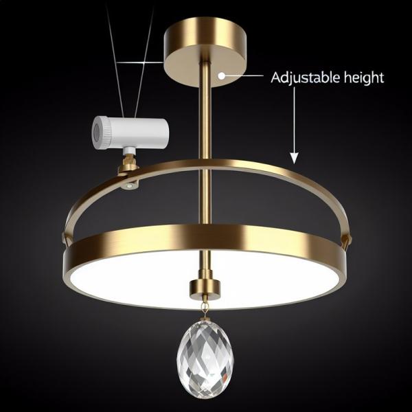 Adjustable Height Modern Brass Circular Chandelier with Oval Crystal Pendant