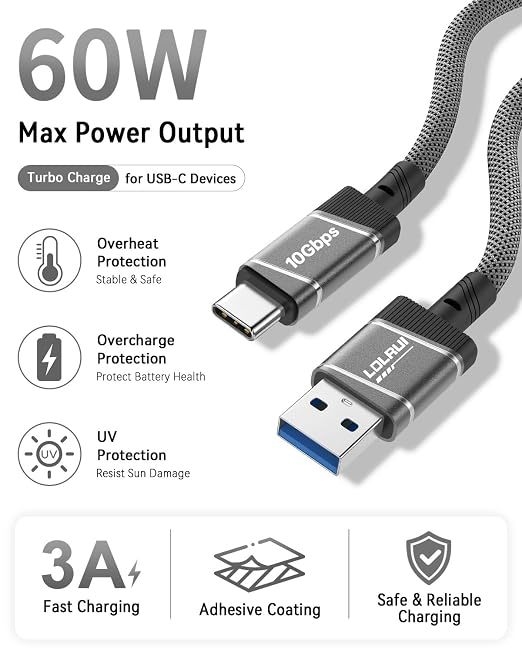 Grey 10Gbps USB C Cable USB 3.2 Gen 2 High Speed Data Cable 3Ft For Laptops Phones Portable SSDs USB Hubs