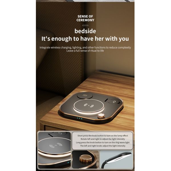 Triple in one high-speed charging, Endless dimming night light,Multi functional wireless charger, bedside table top