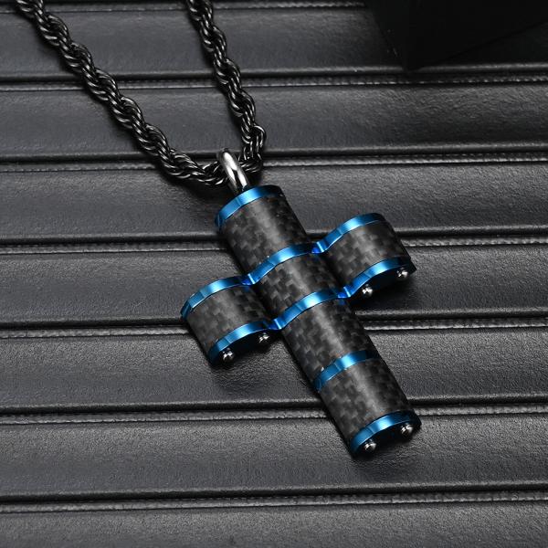Christian Religious Custom LOGO Pendant Stainless Steel Gold Plated Cross Necklace with Carbon Fiber Inlay and Blue Plating