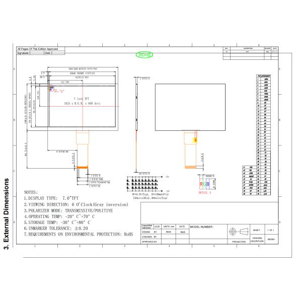 7.0 Inch TFT LCD Display 1024X600 TFT Touch Screen Module 50 Pin RGB Interface