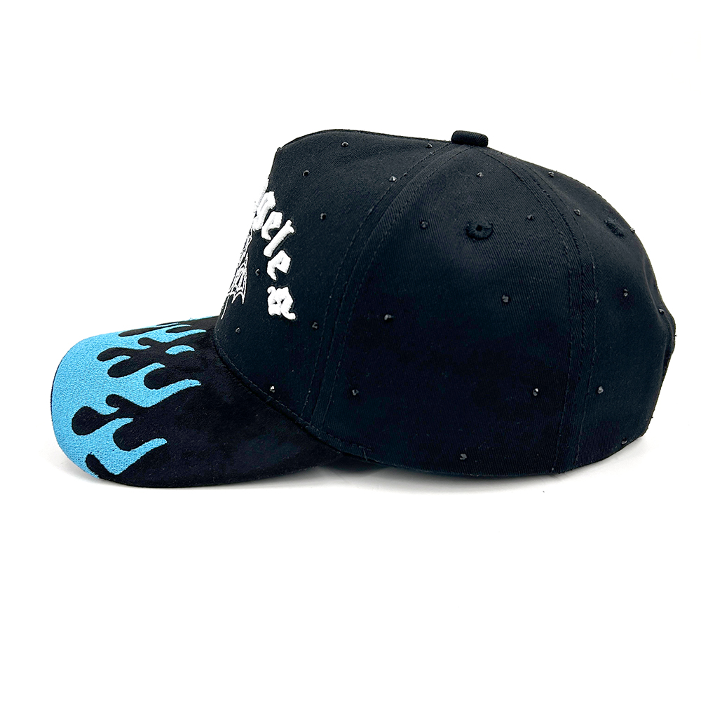 Cotton Suede 5 Panel Custom Hats Baseball Cap 3D Embroidery Rhinestone Detail Gorras