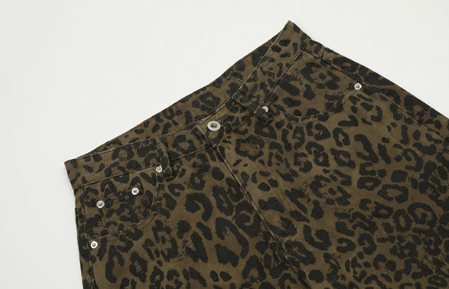 Non Stretch Sports Sweat Shorts Five Inch Leopard Print Denim Shorts Mid Waist