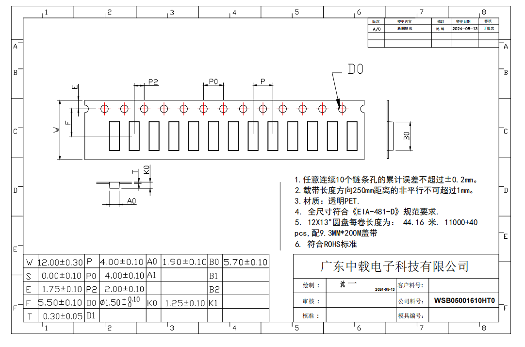WSB05001610HTO Carrier Tape Material Transparent PET Carrier Tape For Slim Component Packaging