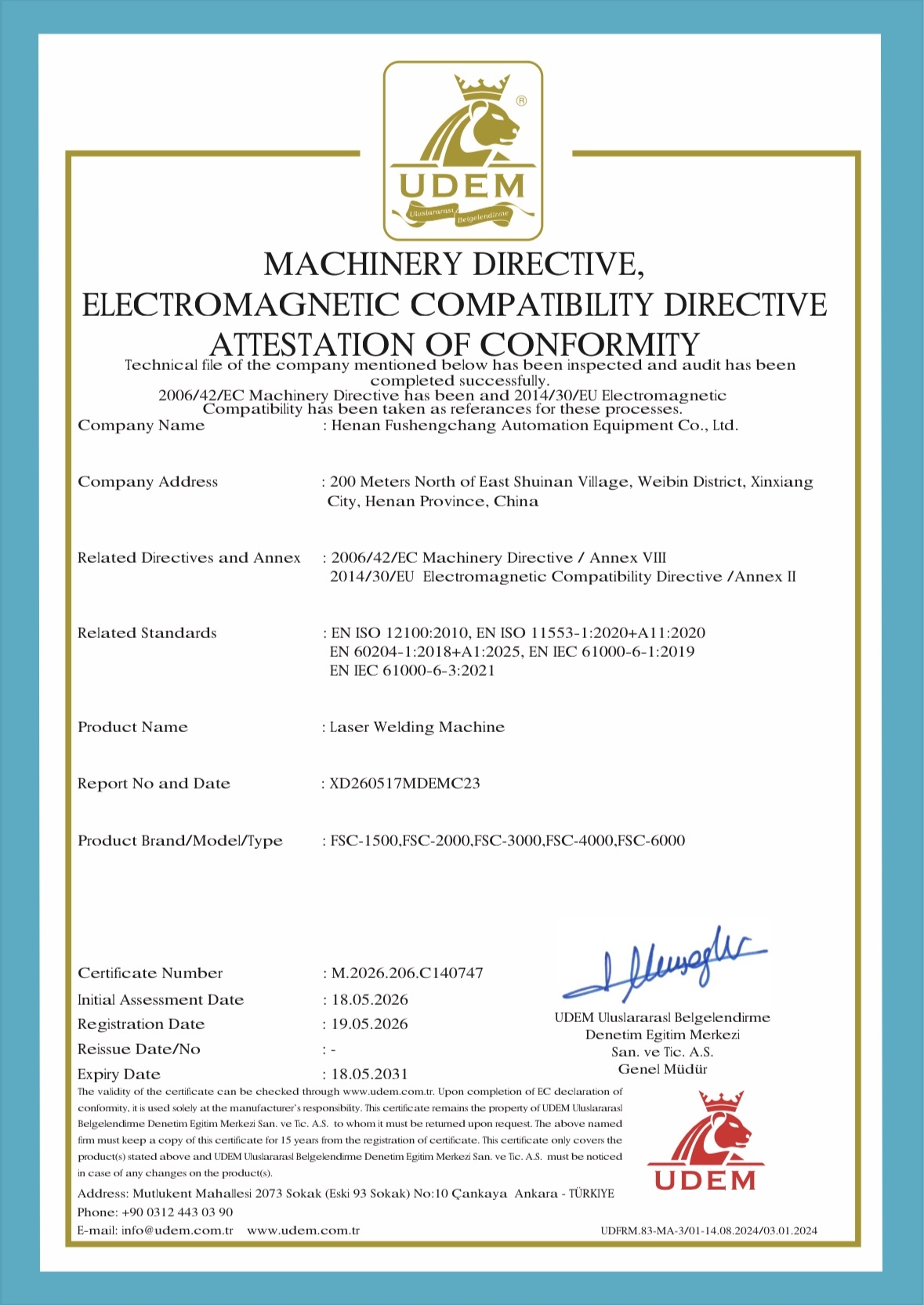 Henan Fushengchang Automation Equipment Co., Ltd. Certifications