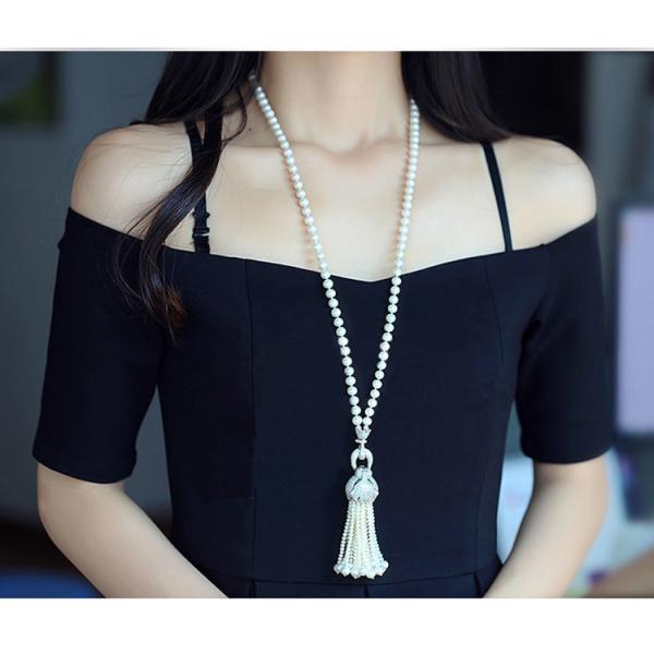 Shell Pearl Sweater Necklace with Tassels Pave Cubic Zirconia Charm Pendant (SN702142SIVER)