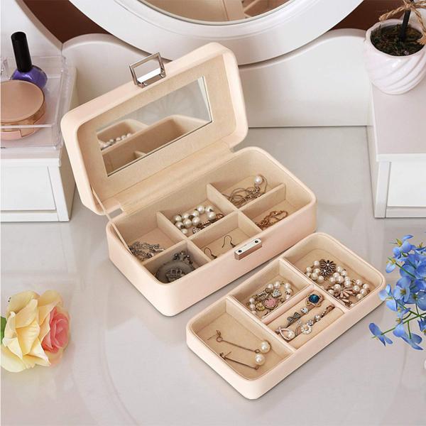 Rigid Modern Jewelry Box 2 Layer Organizer Mirror Jewelry Storage Box 21x12x8 Cm