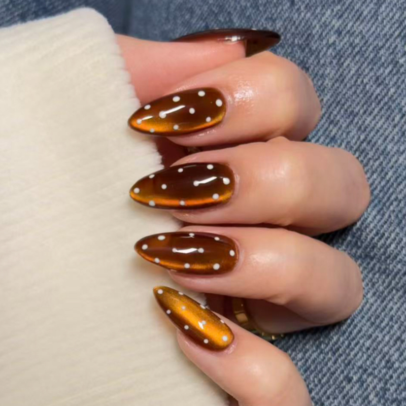 OEM Red Cat Eye Nails MSDS Polka Dot False Nails Long Almond