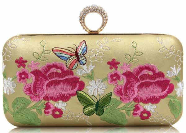 Gold PU Leather Embroidered Evening Bag Crossbody Multi Flower For Women