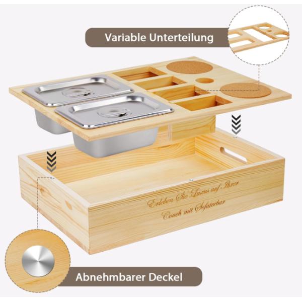 Customized Logo Wood Sofa Tray with Drink Holder Removable Lid and Storage Compartment