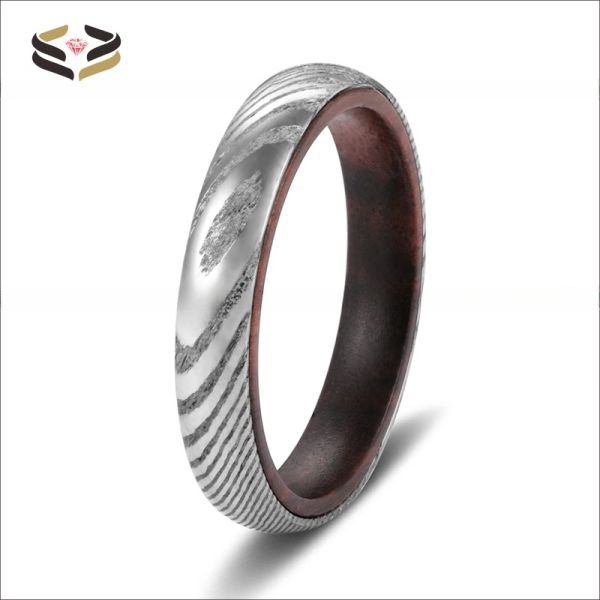Stylish 4mm Damascus Steel and Rosewood Inner Wedding Bands for Newlywed Couples
