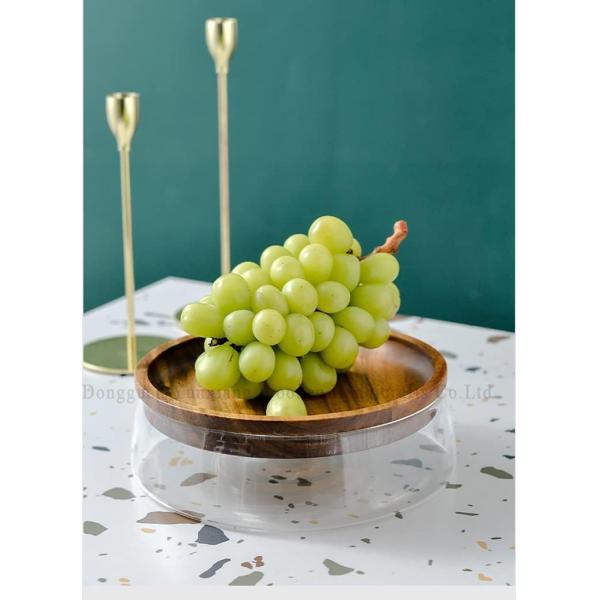 Cuenco de vidrio creativo con placa de madera de frutas secas de nuez cajas de almacenamiento contenedor bandeja de frutas con tapa de madera para la cocina de la casa oficina