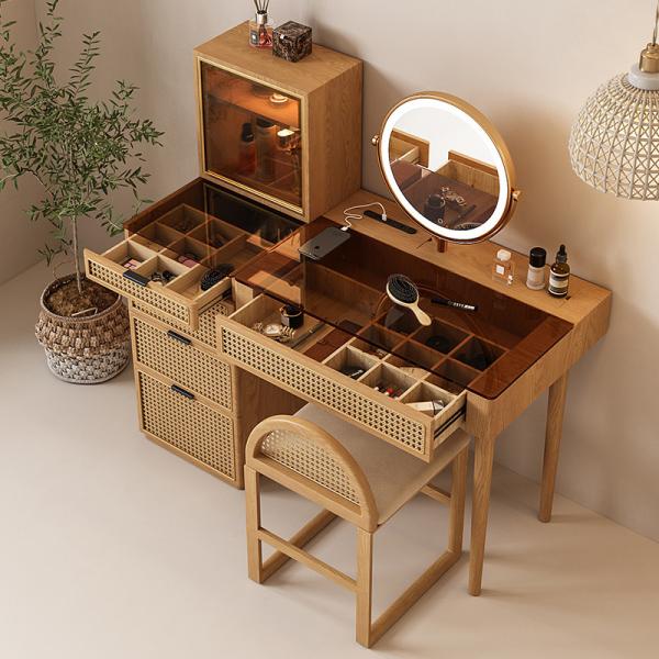 Solid Wood Corner Makeup Vanity Set Dressing Table Rotatable Mirror