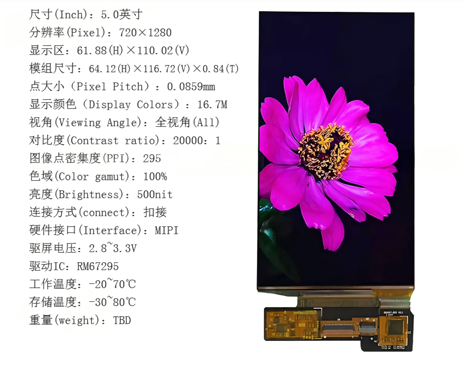 5.0Inch AMOLED Display Module with 500nit Brightness ,720 x 1280 and MIPI Interface,Driving IC RM67295,Display Colors 16.7M