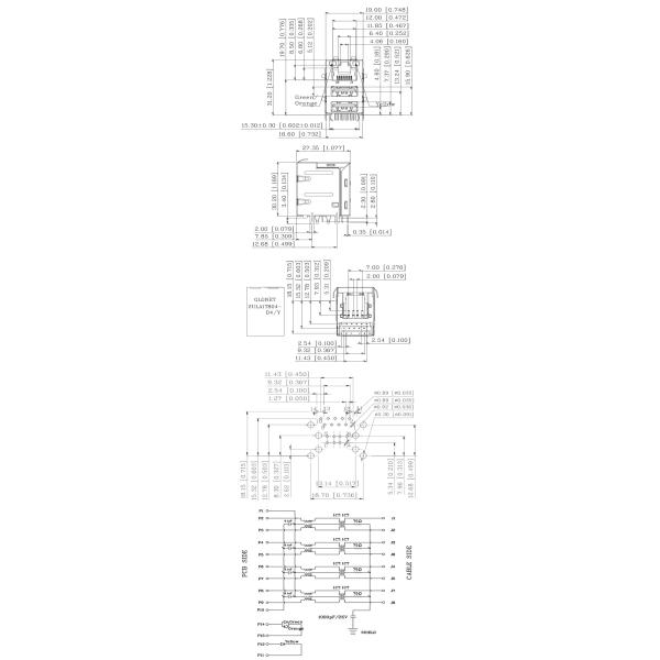 Magnetic RJ45 Connector One Port RJ45 Jack  Two Ports USB 2.0 Interface Green /  Orange Yellow LED Latch Up