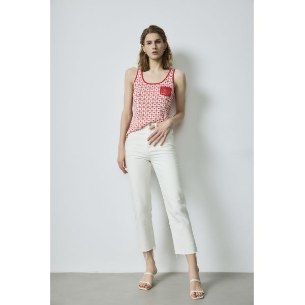 Red White Basic Tops Heart Checkerboard Jacquard Tank Top With White Pants