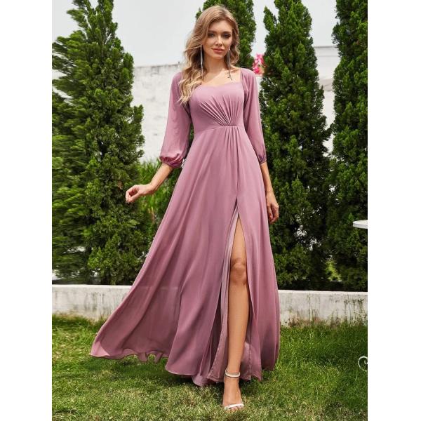 Plus Size Ruffled Long Sleeve High Slit Off-shoulder High Slit Pink Chiffon Bridesmaid Dresses