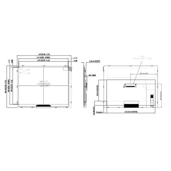 High Brightness 5.7 inch 640x480 Industrial TFT Display Module with LVDS Interface -30 to 80 degree Storage temperatures