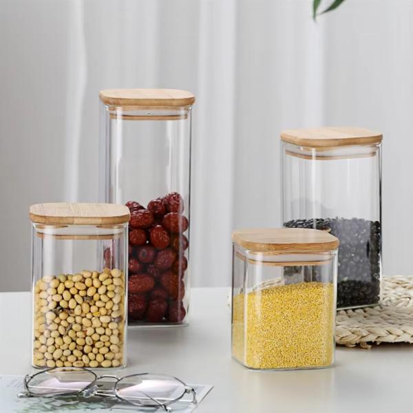 Customized Kitchen Bamboo Lid Borosilicate Glass Jar Square Shape 200ml For Spice