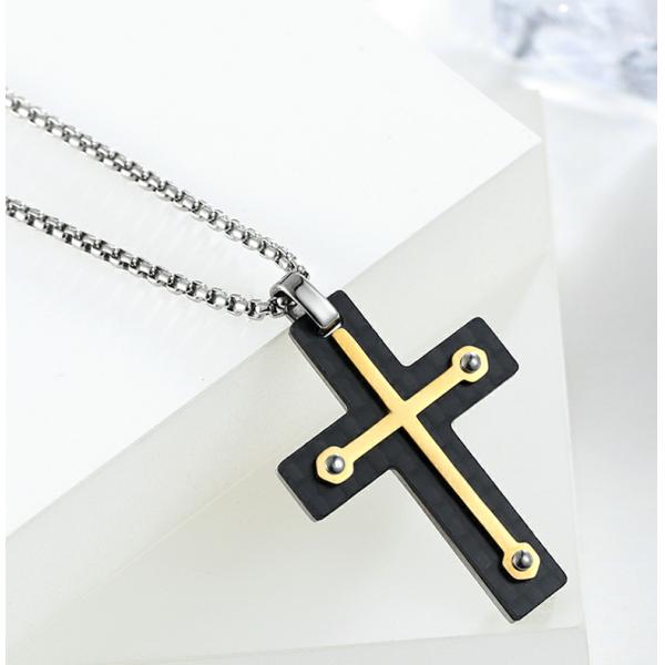 Nuevo colgante de cruz de moda de oro de fibra de carbono negro de oración para hombres collares de acero inoxidable joyas finas