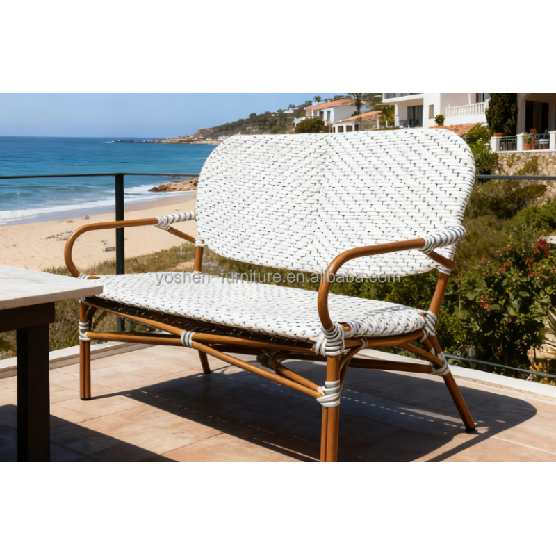 Outdoor French Bistro Rattan Sofa Bench Chair Rattan Restaurant Sofa Burgundy Red for Hotel Resort