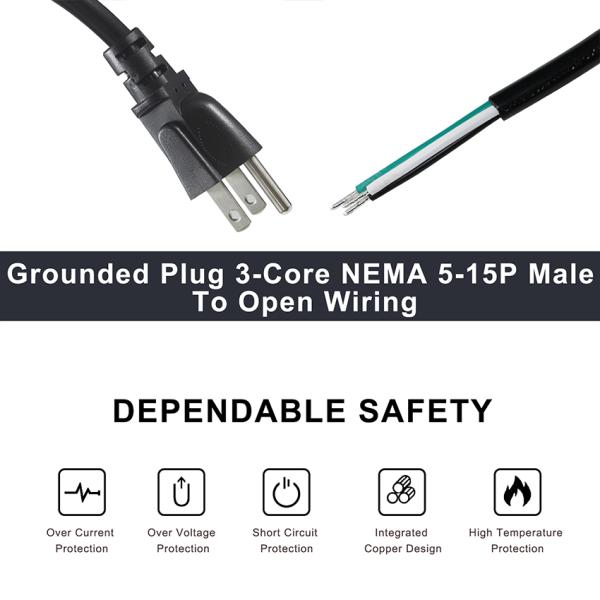 NEMA 5-15P Cordón de alimentación con alambre de barra de lata 3 conductores US cable de enchufe para cableado DIY, panel, uso de bloques terminales