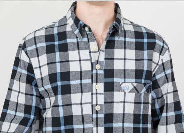 Mens Woven Cotton Brushed Twill Yarn Dyed Long Sleeve Nightshirt Button Placket Embroidery Curved Hem