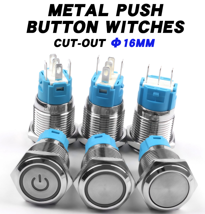 16mm Metal Push Button Switch High/Flat Head Led 3Pin/5Pin Metal Momentary  Switch Push Button Switches
